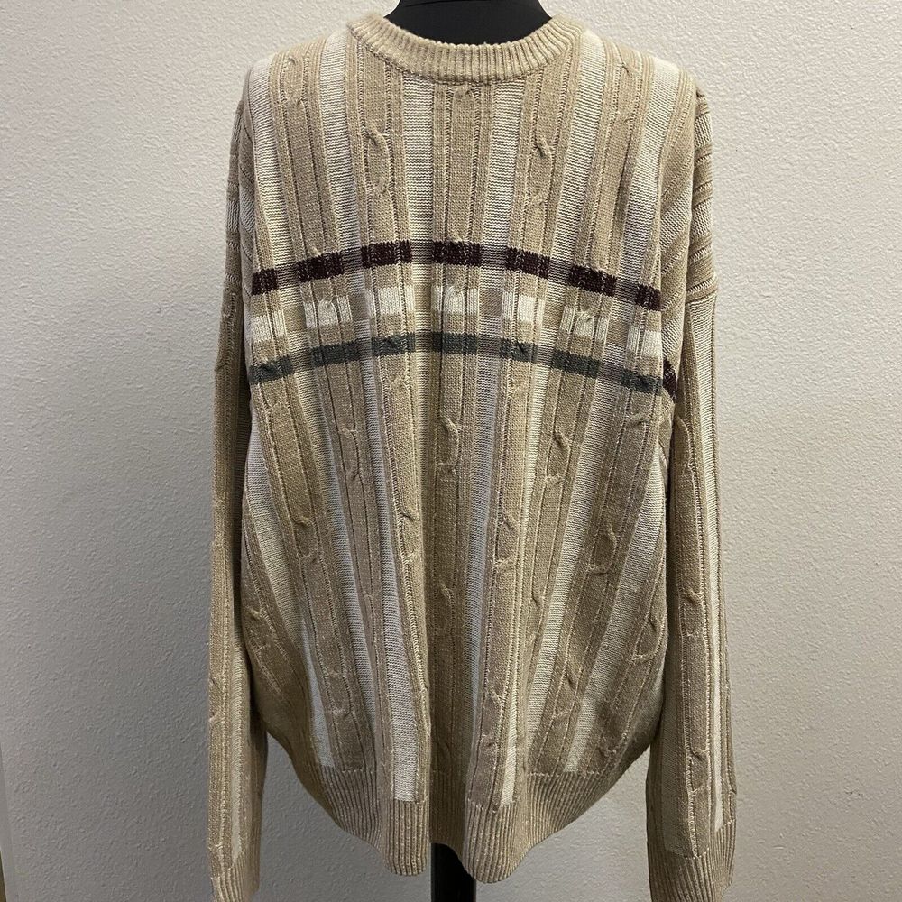 David Taylor Men's Cable Knit Beige Striped‎ Sweater Size 2XL READ Long Sleeve